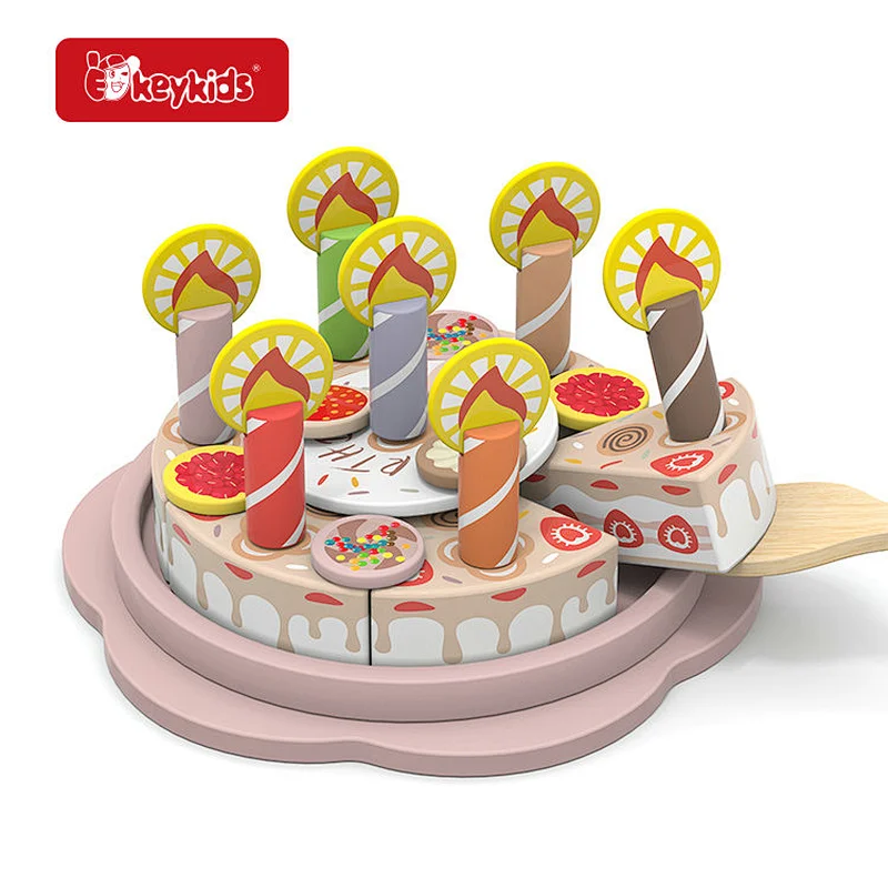 Wooden Fruit Birthday Cake Play Set with Pink and Blue with Candles, Toppings and Serving Spatula for Pretend Play W10B528